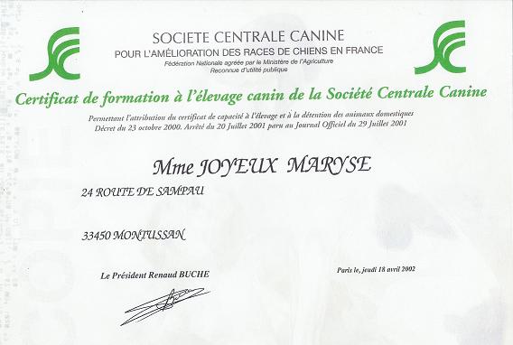 certificat de formation elevage canin de la societe centrale canine